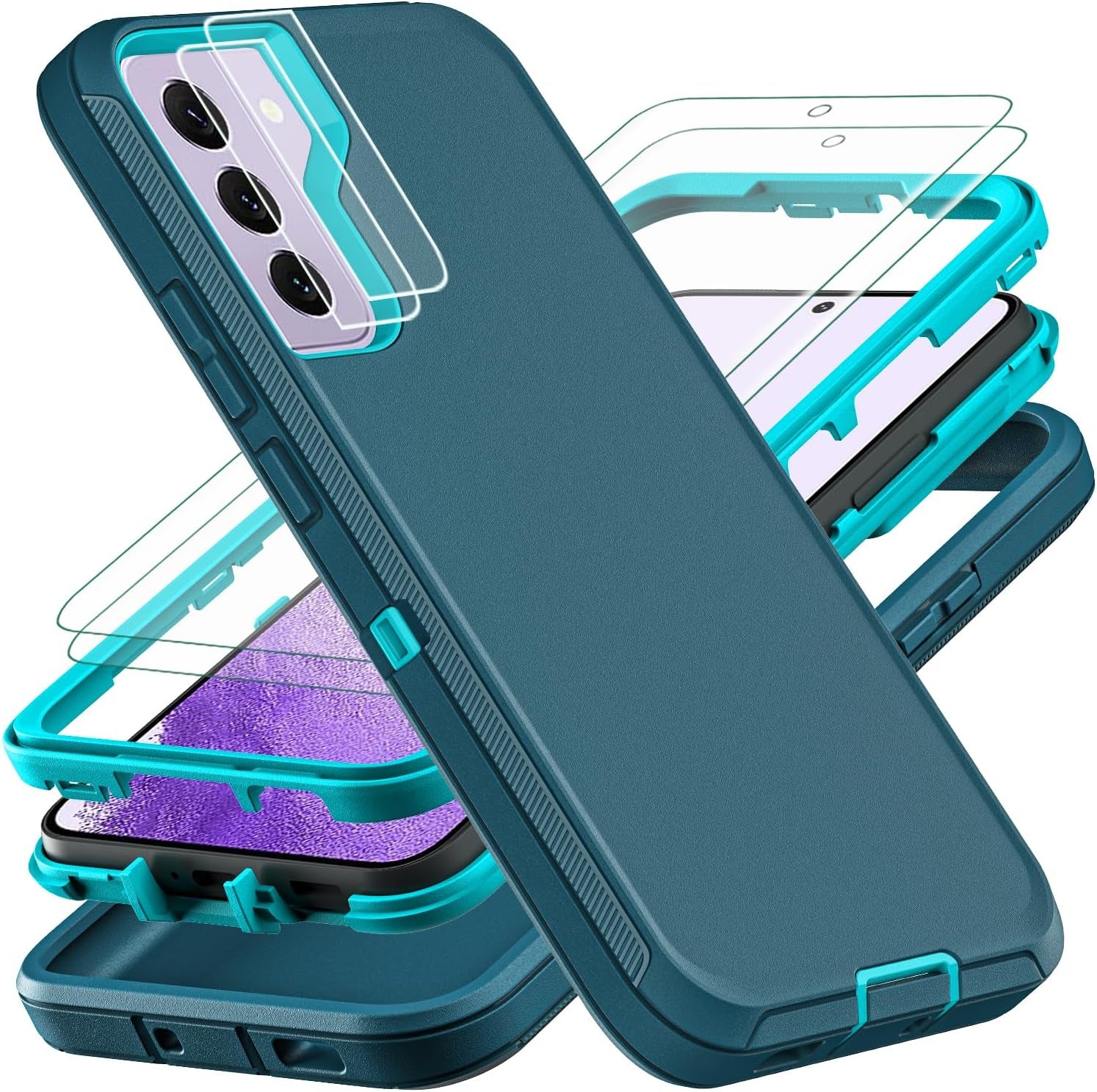 For Samsung Galaxy S22 Case, with 2Pcs [Self Healing Flexible TPU Screen Protector & Camera Lens Protector] Military Grade 3 in 1 Heavy Duty Case for Galaxy S22 5G 6.1 Inch (Purple/Pink)