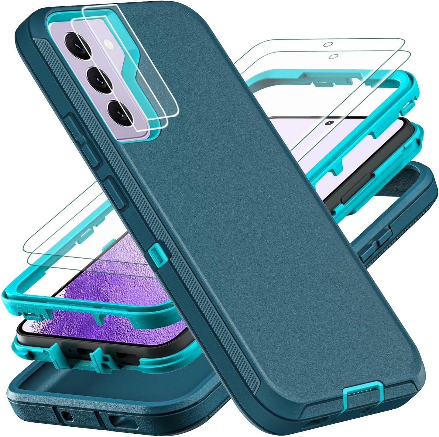 For Samsung Galaxy S22 Case, with 2Pcs [Self Healing Flexible TPU Screen Protector & Camera Lens Protector] Military Grade 3 in 1 Heavy Duty Case for Galaxy S22 5G 6.1 Inch (Purple/Pink)