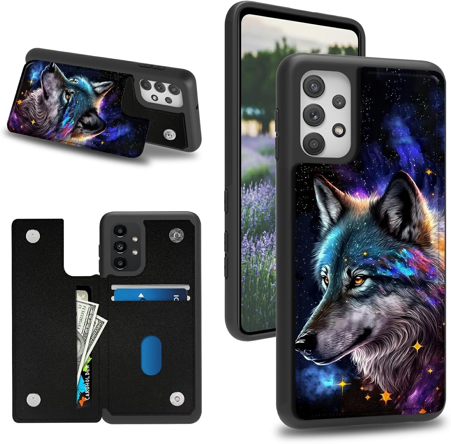 Case for Samsung 53 5G 6.5" Wallet Phone, Credit Card Holder Slots Cover & Hard PC Shockproof Soft Silicone Dual Layer Protection Flip Case for Samsung Galaxy A53 5G 2022, Moon Wolf