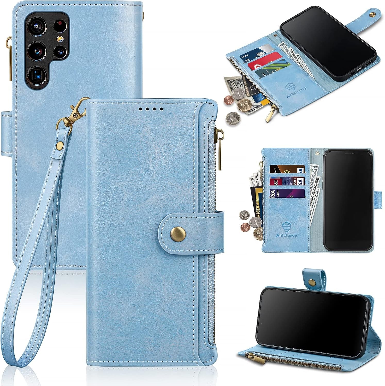 Antsturdy Samsung Galaxy S22 Ultra Wallet with Card Holder for Women Men,Galaxy S22 Ultra 5G Phone Case RFID Blocking PU Leather Flip Shockproof Cover with Strap Zipper Credit Card Slots,Dark Blue