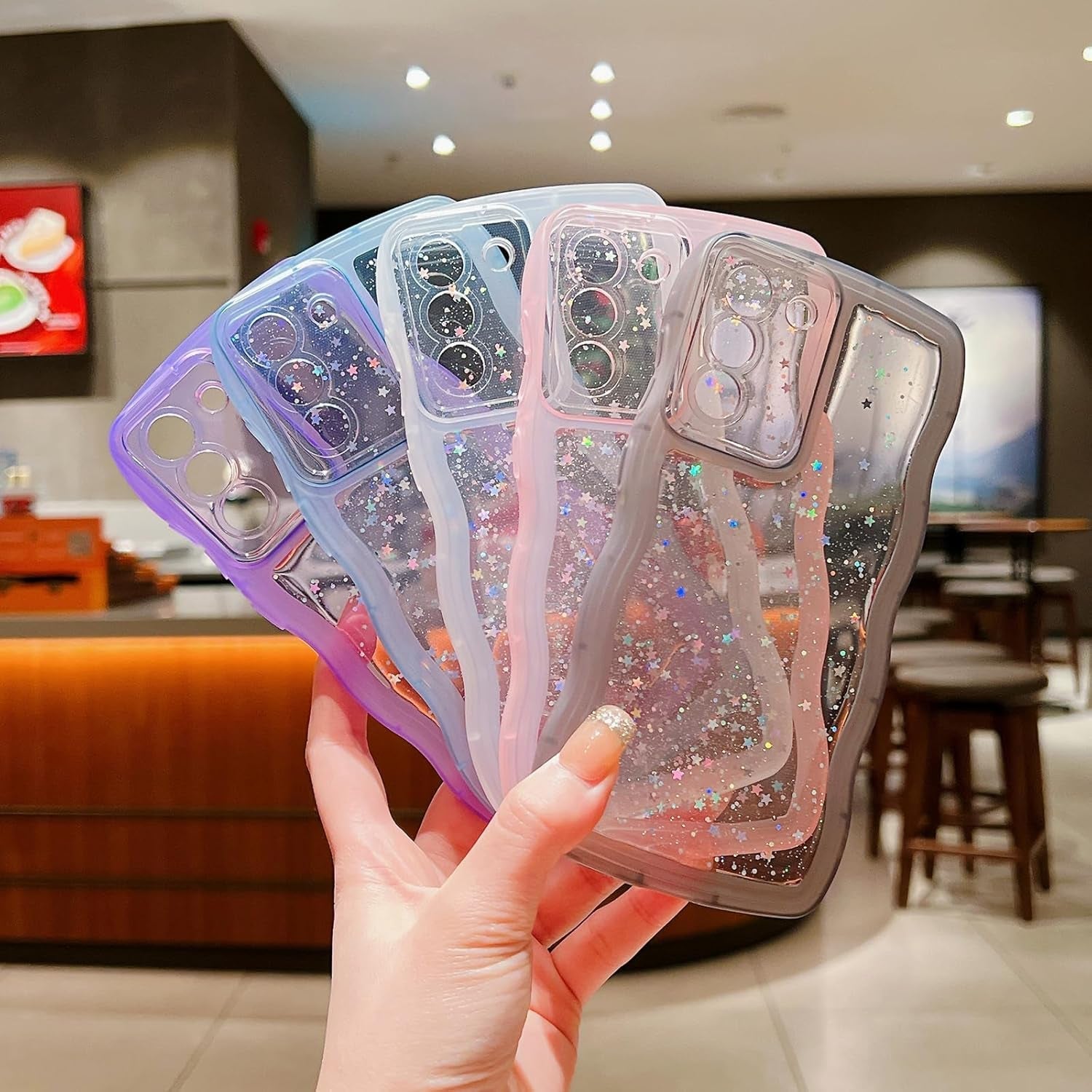 Compatible with Samsung Galaxy S22 plus Case,Transparent Matte Curly Wave Frame Bling Shiny Cases,Cute Glitter Clear Shockproof Protective Bumper Phone Cover for Women Girls (Blue)