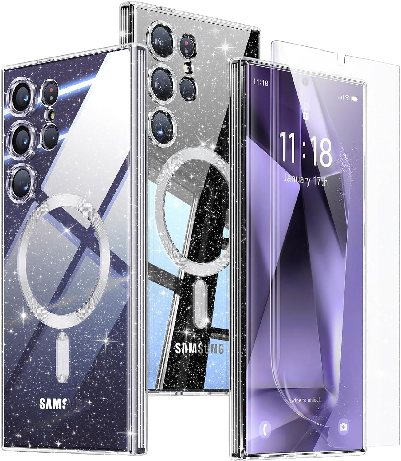 3 in 1 Magnetic for Samsung Galaxy S24 Ultra Case Crystal Clear [Compatible with Magsafe][No-Yellowing][2X Screen Protectors] Mil-Grade Shockproof Soft Phone Case for S24 Ultra 6.8" Clear