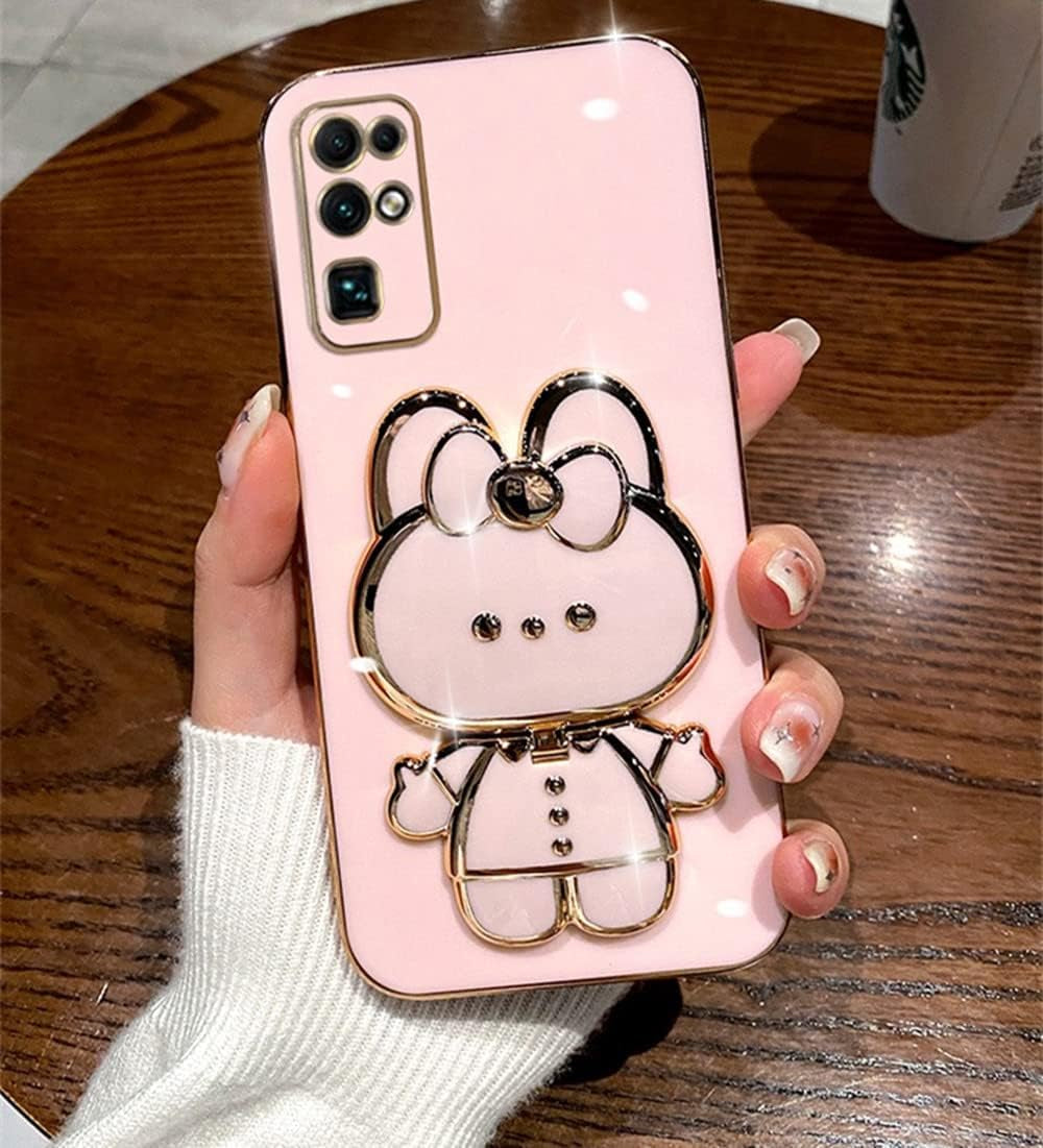 For Samsung Galaxy A53 5G Case for Women Girls Cute Hidden Rabbit Bunny Kickstand,Plating Glitter Girly Soft Silicone Mirror Phone Case with Camera Cover for Samsung Galaxy A53 Pink