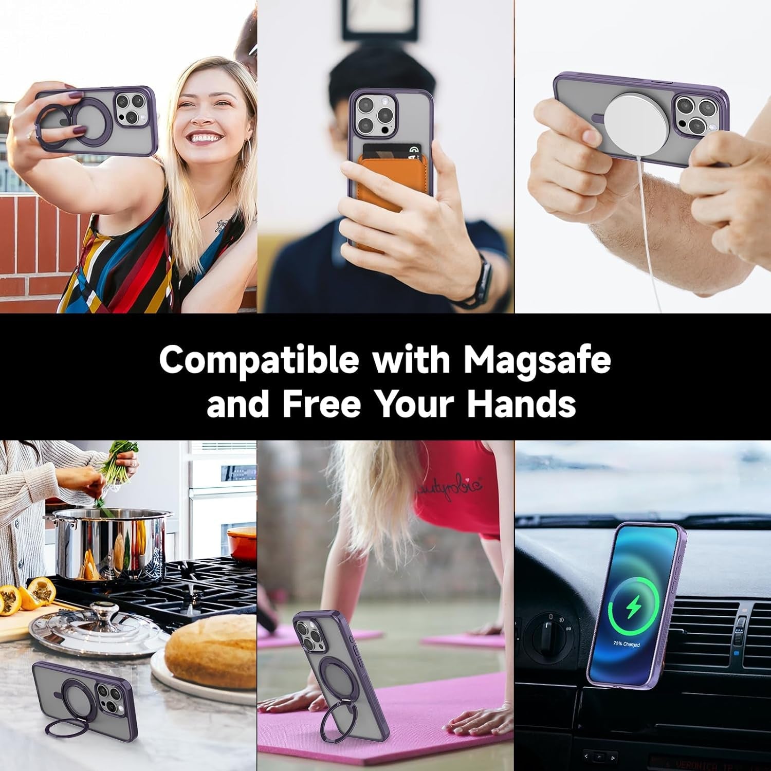 Magnetic for Iphone 15 Pro Max Case Purple with 360° Rotatable Invisible Ring Stand Designed，Compatible with Magsafe ，Translucent Matte Purple Bumper Shockproof Decompress Slim Military Grade Case  Vongong   
