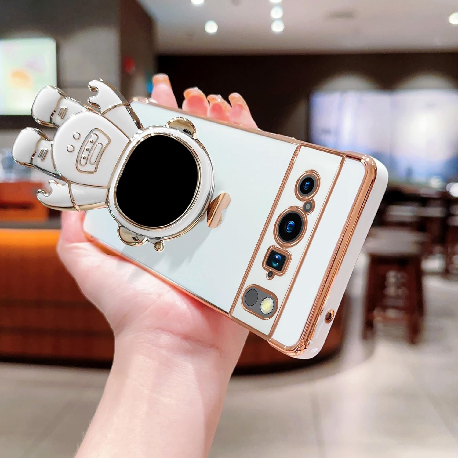 Phylla Phone Case for Google Pixel 8 Pro 6.7” 5G,Luxury Plating Astronaut Stand Holder Phone Case with Cute Love Heart Side Small Pattern Soft Silicone Shockproof Kickstand Cover Bumper (Black)  PHYLLA\1   