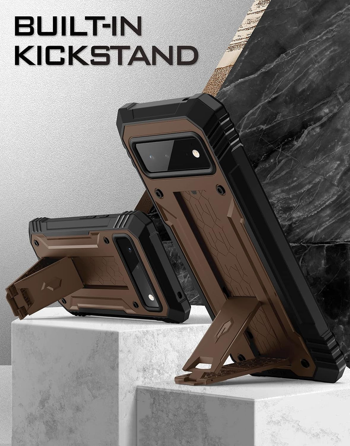 Poetic Revolution Case for Google Pixel 6 5G, Built-In Screen Protector Work with Fingerprint ID, Full Body Rugged Shockproof Protective Cover Case with Kickstand, Brown  Poetic   