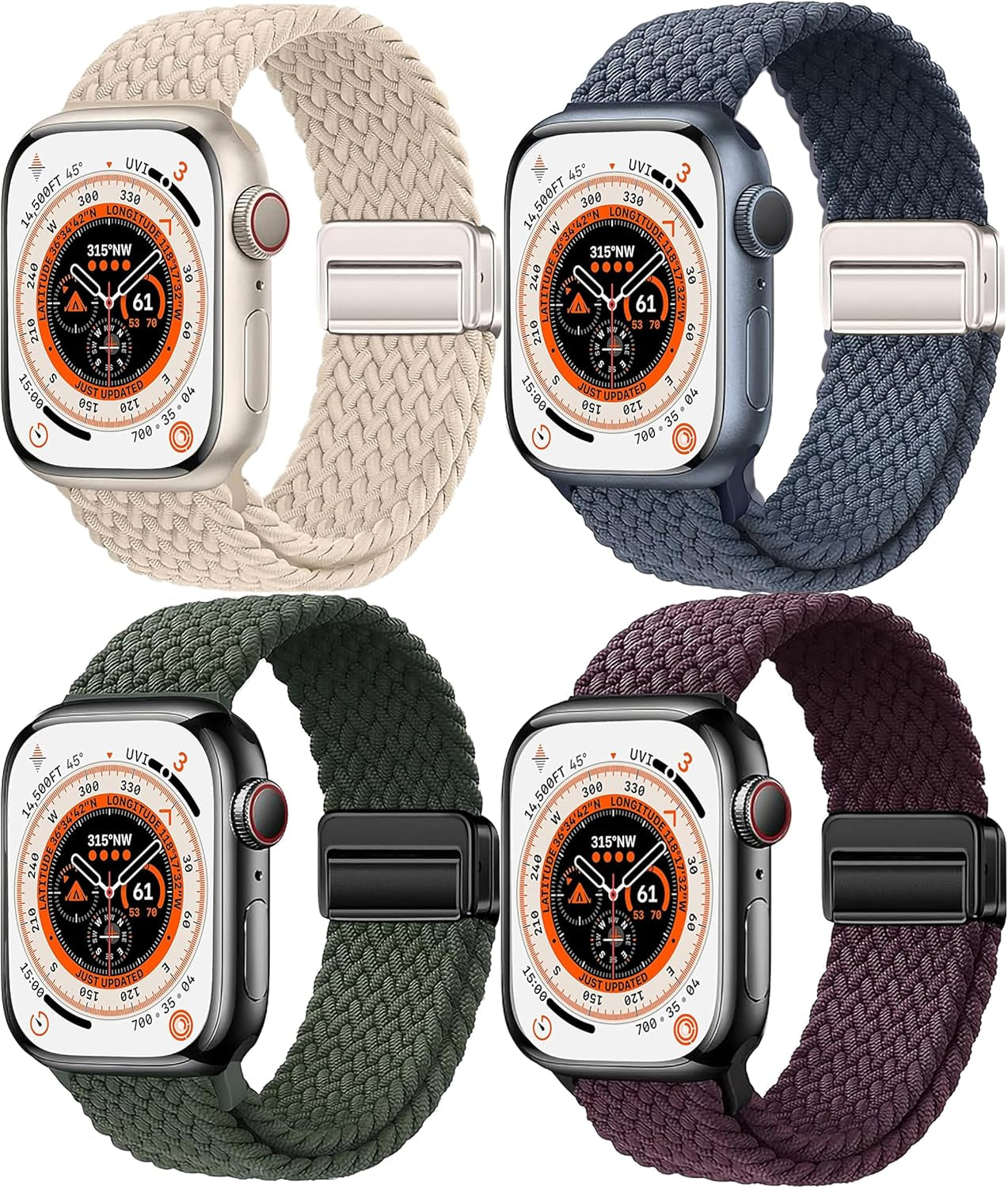 4 Pack Braided Magnetic Band Compatible with Apple Watch Women Men Kids 49Mm 45Mm 44Mm 42Mm 41Mm 40Mm 38Mm, Stretchy Nylon Sport Loop Strap for Iwatch Ultra 2/1 Series 9 8 SE 7 6 5 4 3 2 1