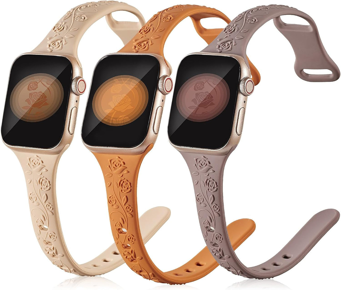 3 Pack Slim Floral Engraved Compatible with Apple Watch Bands 41/40/38/42/44/45/49Mm Women, Thin Narrow Soft Silicone Rose Embossed Sport Strap for Iwatch Series 9/8/7/6/5/4/SE/3/2/1 Ultra 2
