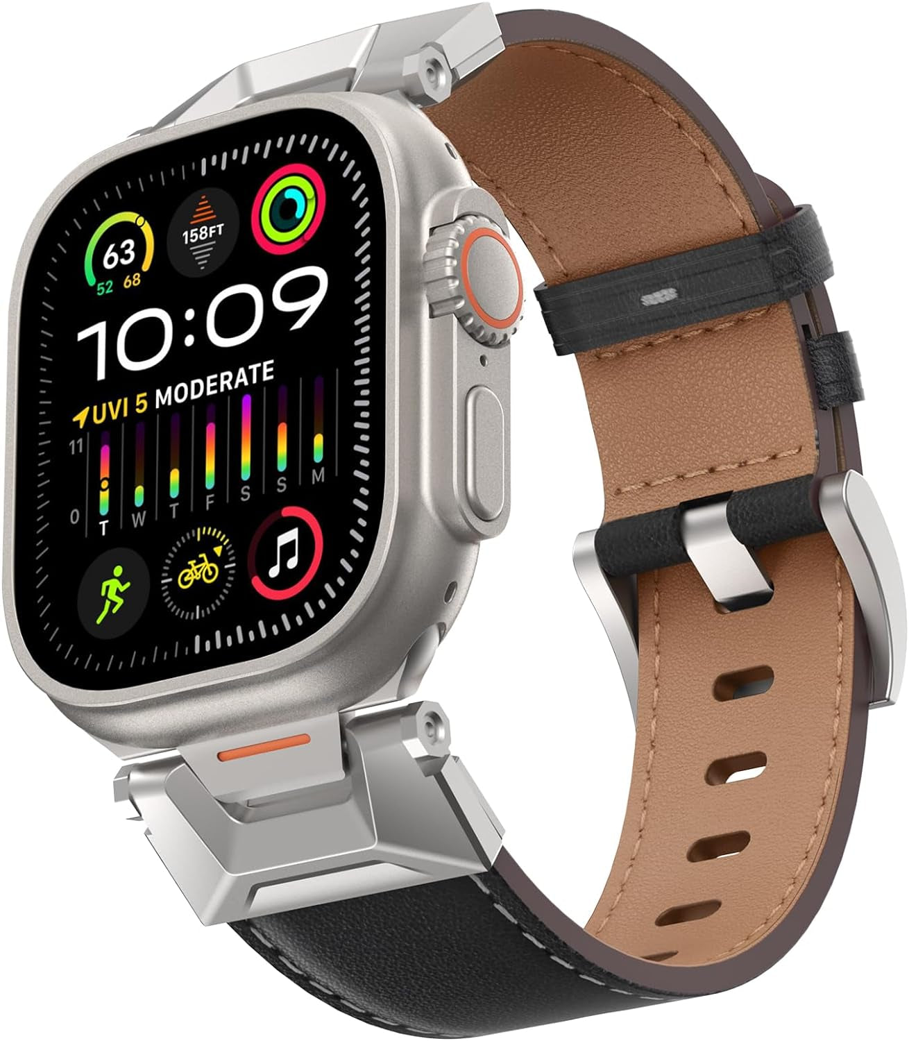 Genuine Leather Band Compatible with Apple Watch Ultra 2/Ultra Band 49Mm 45Mm 44Mm 42Mm for Men Women, Rugged Strap with Stainless Steel Connectors for Iwatch Ultra Series SE 9 8 7 6 5 4 3