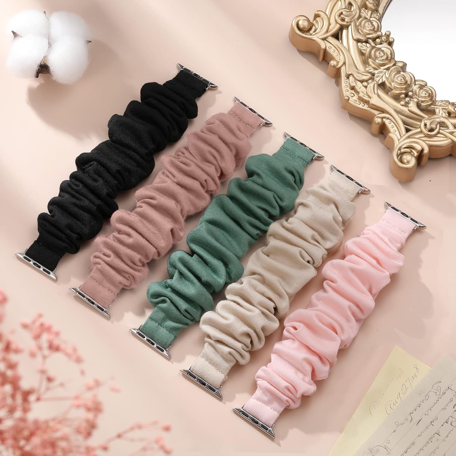 Adorve 5 Pack Scrunchie Bands Compatible with Apple Watch Band 38Mm 40Mm 41Mm 42Mm 44Mm 45Mm 49Mm for Women, Cute Fabric Scrunchy Adjustable Elastic Strap for Iwatch SE Ultra Series 8 7 6 5 4 3 2 1