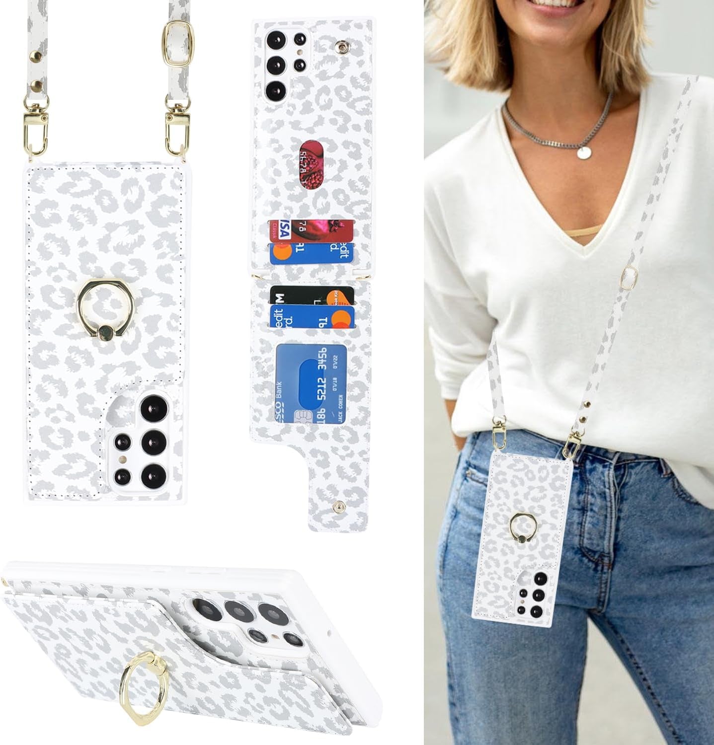 For Samsung Galaxy S22 Ultra Case with Card Holder and Strap for Women,Crossbody Lanyard,Ring Stand,Snap Clasp,Phone Wallet Cases 6.8 Inch(Purple)