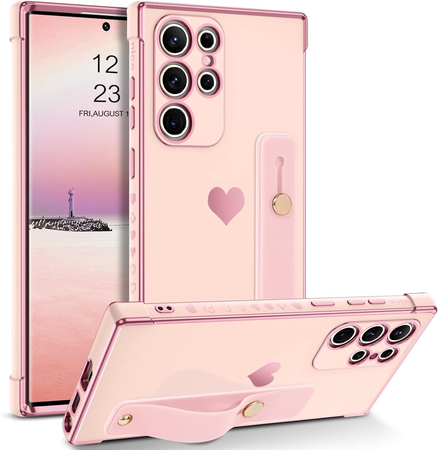 BENTOBEN Galaxy S22 Ultra Case,Slim Luxury Heart Design Plated Soft Bumper Women Men Girl Protective Case Cover with Strap for Samsung Galaxy S22 Ultra 6.8 Inch,Pink/Gold