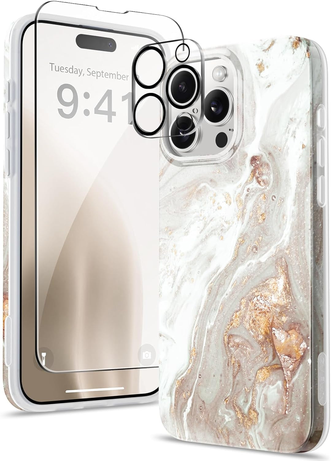 GVIEWIN for Iphone 15 Pro Case with Screen Protector+Camera Lens Protector, [Military Grade Drop Protection] Slim Marble Design Soft TPU Protective Phone Cover for 15 Pro 6.1" (Flowing Sand/Ink)  GVIEWIN Pearlescent/Gold  