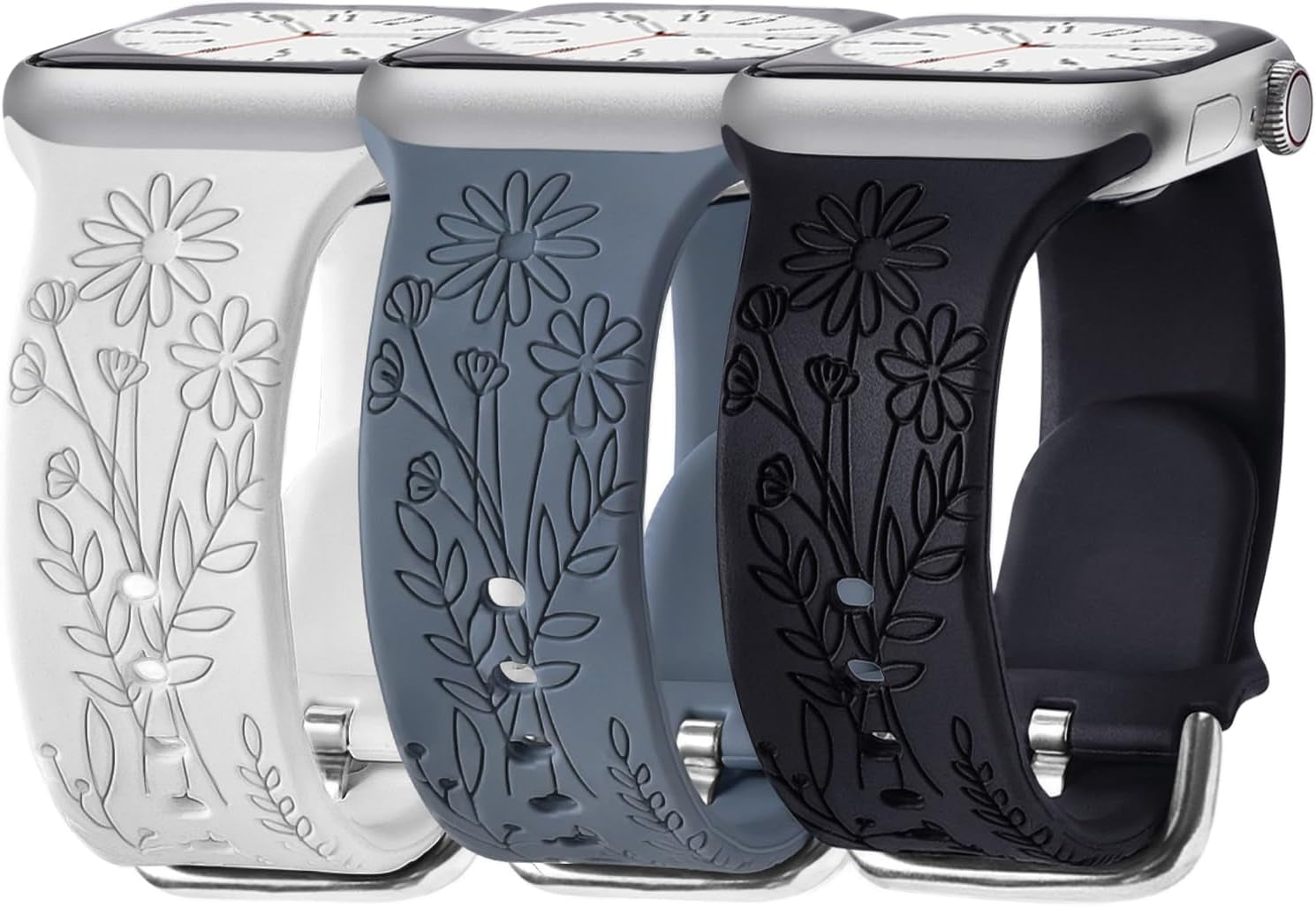 3 Pack Wildflower Engraved Bands Compatible with Apple Watch Band 40Mm 38Mm 41Mm 44Mm 42Mm 45Mm 49Mm Women, Floral Soft Silicone Sport Strap for Iwatch Bands Series SE 9 8 7 6 5 4 3 2 1 Ultra