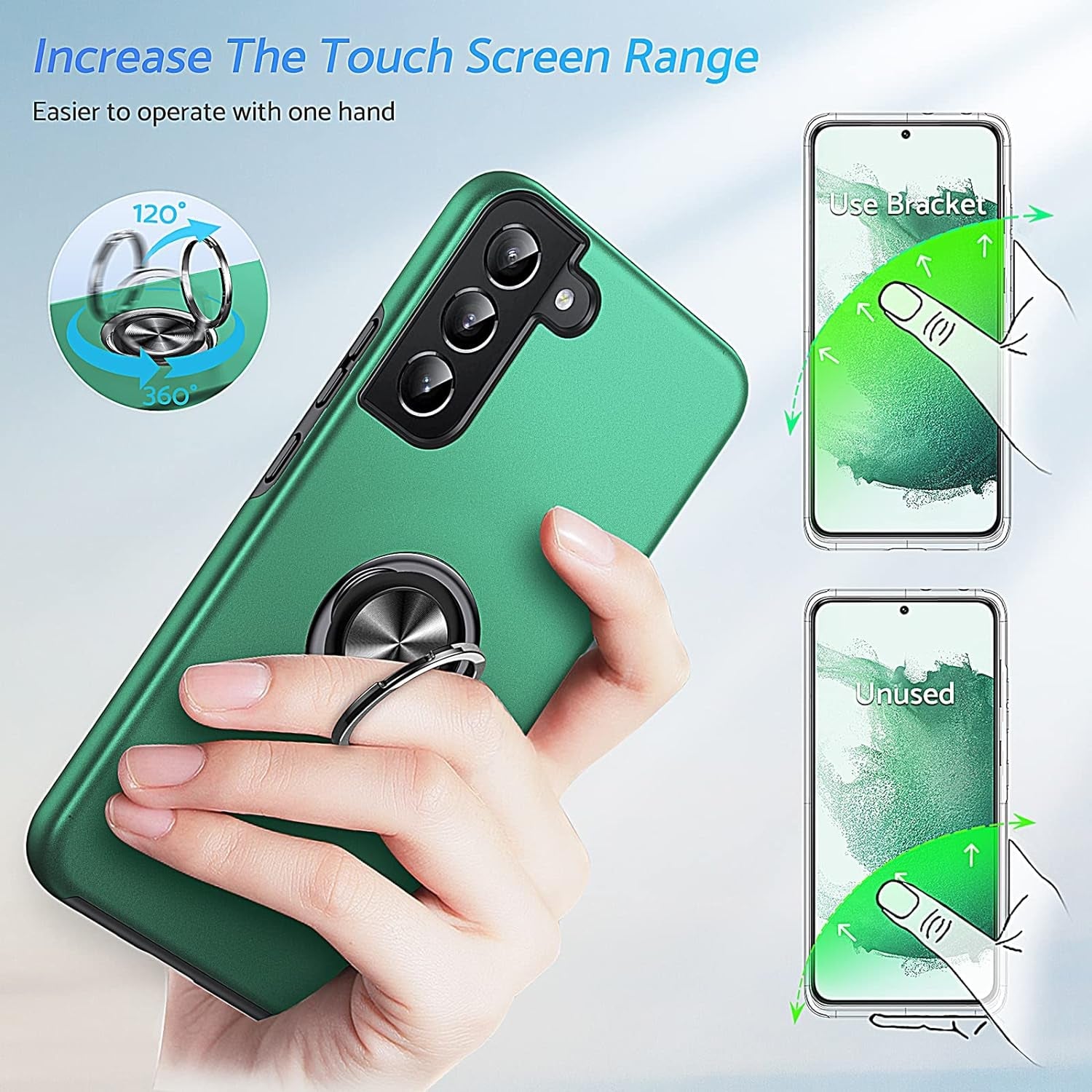 Anqrp Hidden Series Galaxy S22 Case 5G,[No Fall-Off Kickstand] 360°Metal Ring, 15Ft Military Grade Shockproof Protective Phone Case Designed for Samsung Galaxy S22 6.1 Inch, Green
