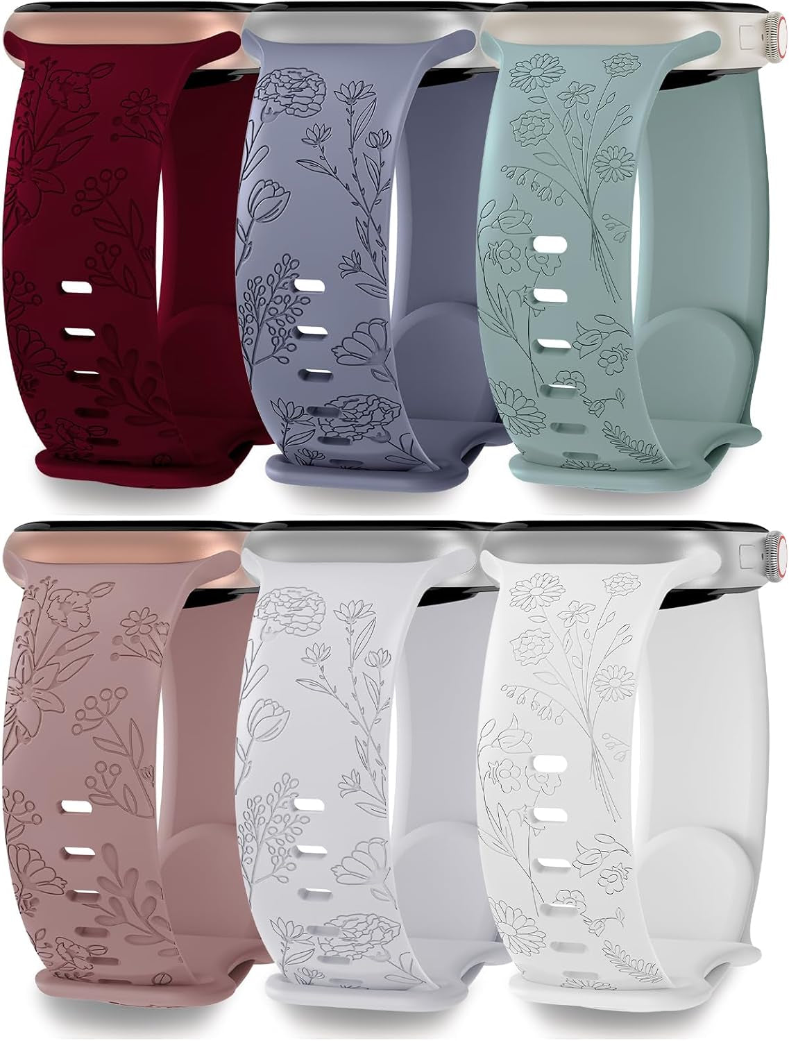6 Pack Floral Engraved Compatible for Apple Watch Band 38Mm 40Mm 41Mm 42Mm 44Mm 45Mm 49Mm Women, Soft Silicone Cute Flower Sport Strap for Iwatch Bands Series 9 8 7 SE 6 5 4 3 2 1 Ultra