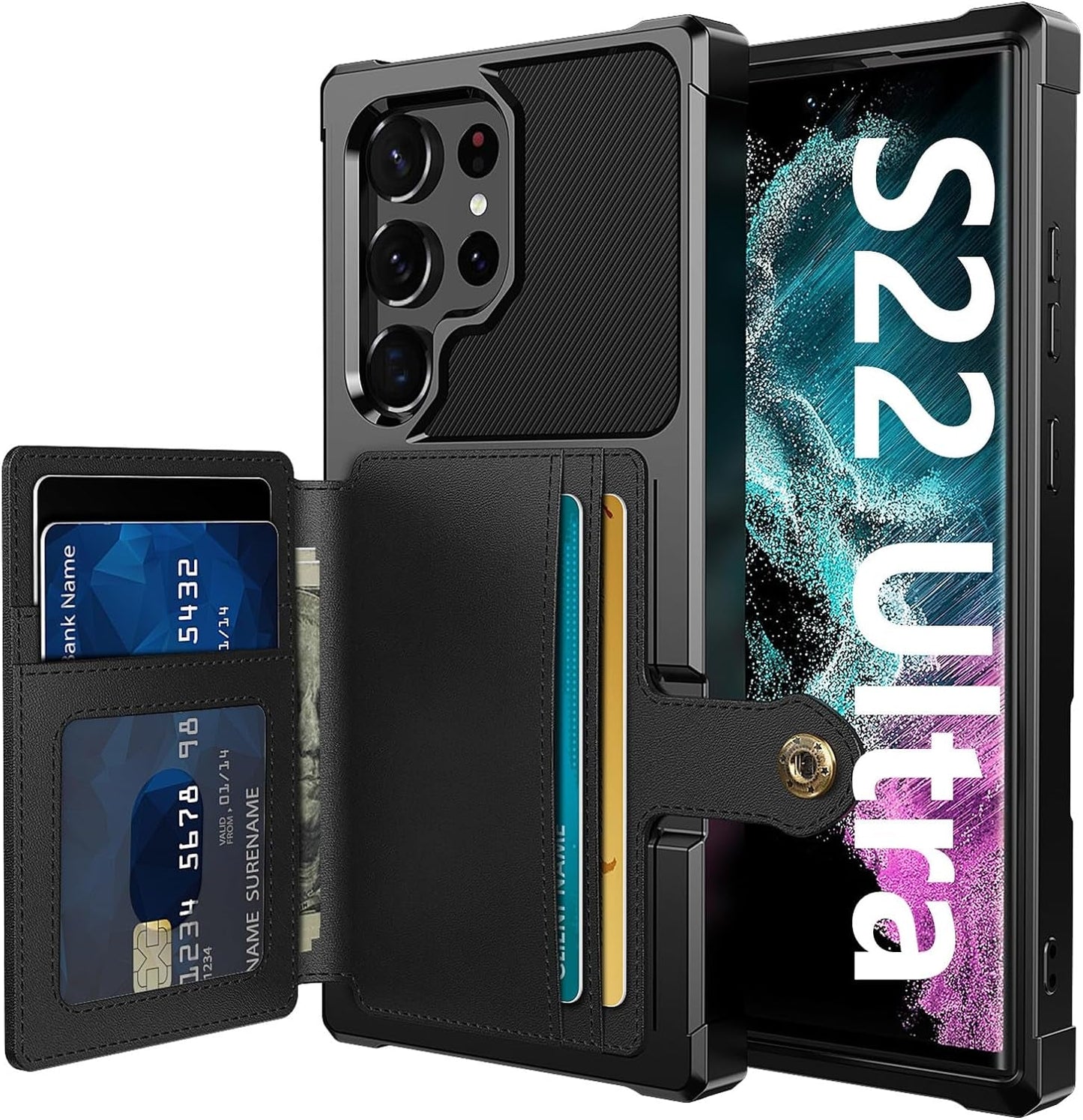 For Samsung Galaxy S22 Ultra Case with Card Holder, Compatible with Magnetic Car Mount, Heavy Duty Shockproof Rugged Soft TPU Back Leather Flip Wallet Cover 6.8 Inch, Red