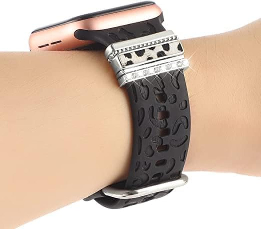 Decorative Rings Loops Compatible with Apple Watch Silicone Bands Metal Diamond Charms 45Mm 44Mm 42Mm 41Mm 40Mm 38Mm Iwatch Series 8 7 6 5 4 3 2 1 Accessories, Leopard Print Silver, Adjustable