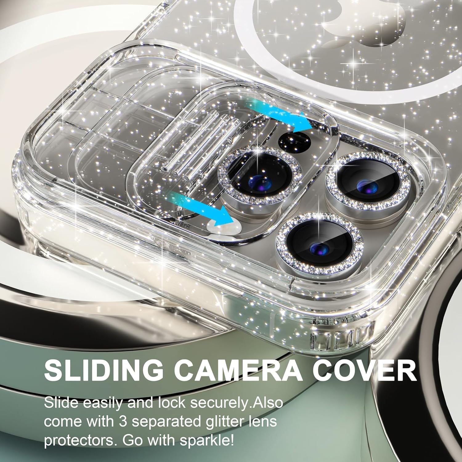 Choiche Magnetic Case for Iphone 15 Pro Case, Women Clear Glitter Sparkly Case, [Slide Camera Cover & 3 Diamond Camera Lens Protectors & 2 Screen Protectors] [Compatible Magsafe] (Glitter Clear)  Choiche   
