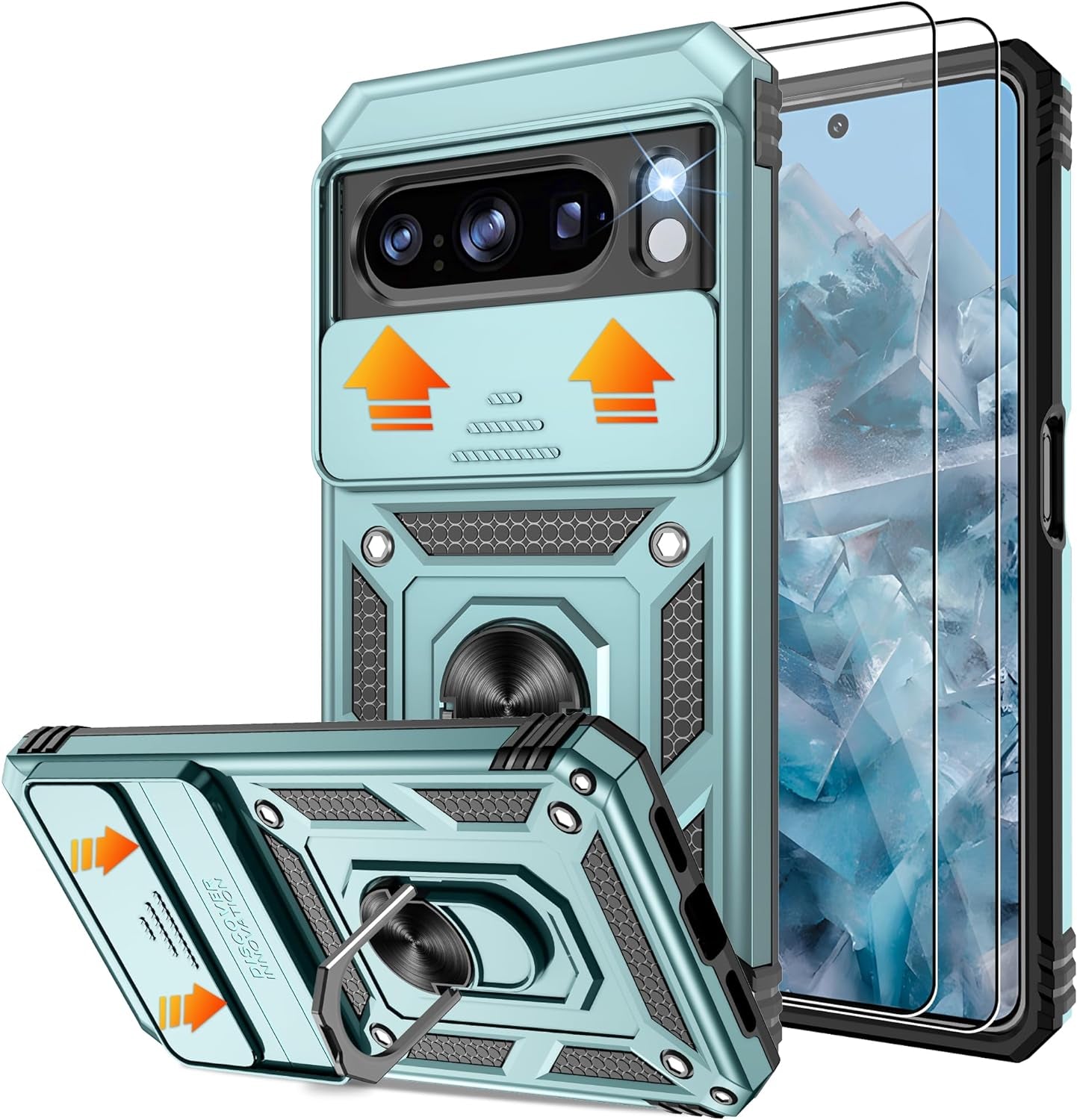 Fit for Google Pixel 8 5G Case with Screen Protector (2 Pack) & Slide Camera Cover, Build in 360° Magnetic Rotating Ring Kickstand [Military Grade] Protective Case for Pixel 8 Case, Green  Gritup Green Google Pixel 8 Pro 6.7" 