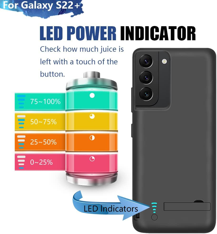 Battery Case for Samsung Galaxy S22+ / S22 Plus, 5000Mah Rechargeable Extended Battery Charging Charger Case, Add 100% Extra Juice, Not Compatible with S22 or S22 Ultra (6.6 Inch) Black