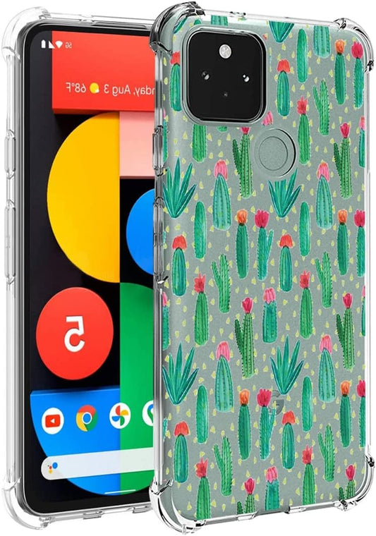 Clear Slim Designed for Google Pixel 5 Case, GD1YQ GTT9Q Case, Shock-Absorption Floral Flexible Soft TPU Rubber Protective Cover for Google Pixel 5 (Cactus)  Gufuwo Cactus  