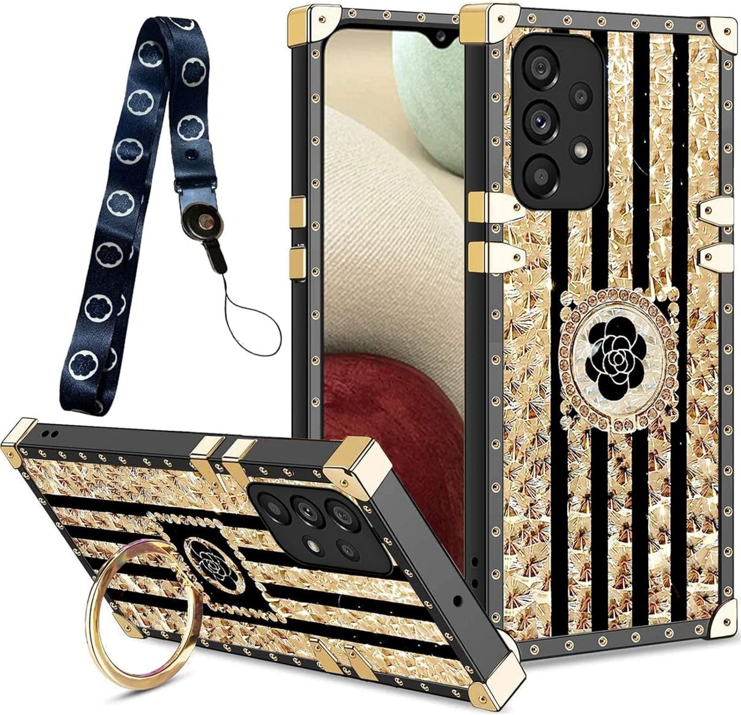 For A53 5G Case, Samsung A53 Case Square Rivet for Girls Women Crystal Shockproof Protection with Kickstand Cute Lanyard Square Retro Elegant Slim Soft Tpu Cover for Galaxy A53 5G(Black Lips)