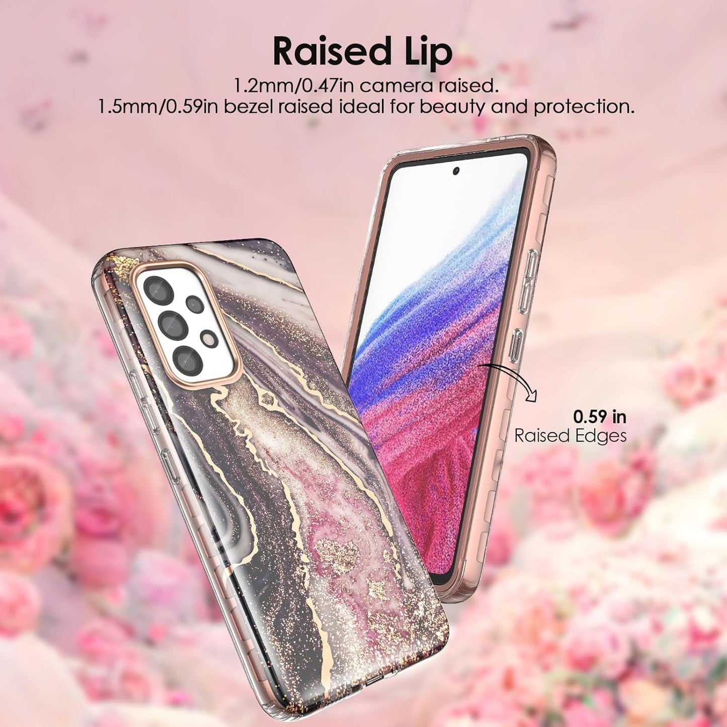 Case Compatible with Samsung Galaxy A53 5G (2022 Released), Marble Stylish Slim Soft TPU, Full Body Protective with Built-In Screen Protector, Shockproof Cover for A53, Black & Pink