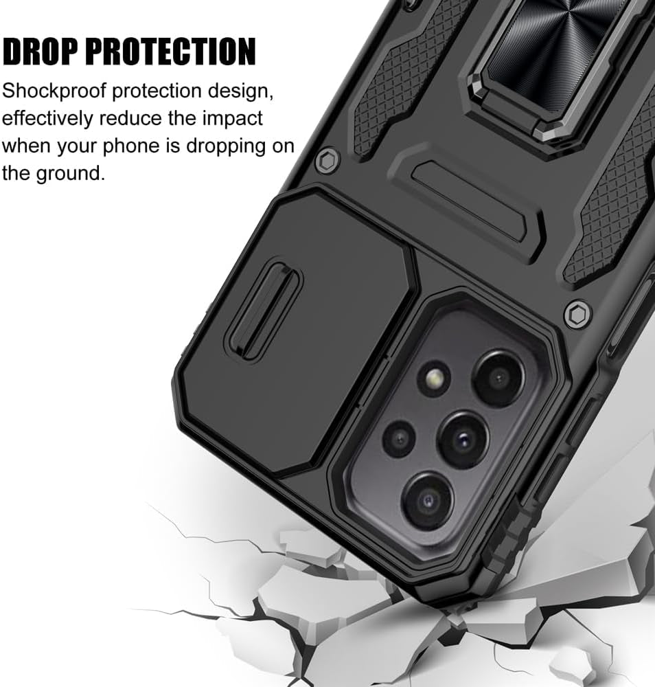 For Samsung Galaxy A53 5G Case, Shockproof Phone Case & Sliding Camera Cover & Ring Holder Kickstand with Screen Protector for Samsung Galaxy A53 5G (6.5", 2022) [Black]
