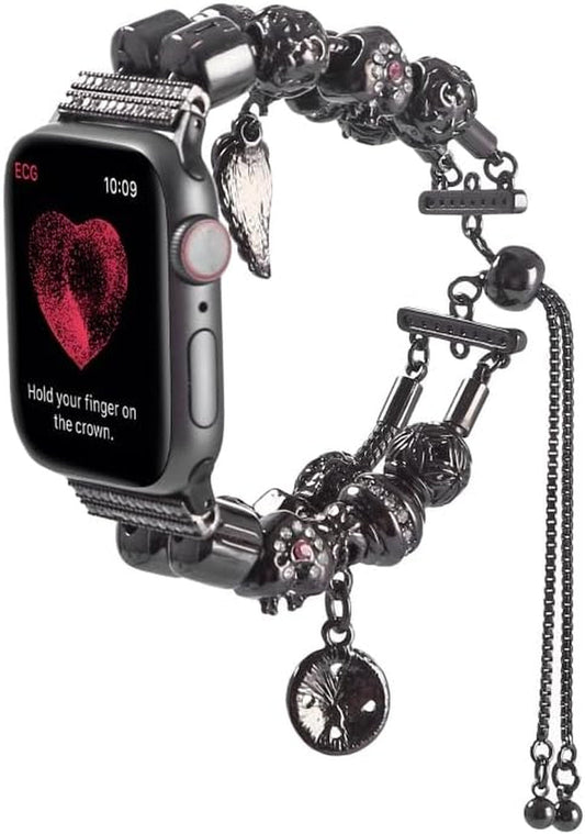 DIY Strap for Apple Watch Band Watch Band with Charms Black Color Fits with Pandora Beads and Pandora Charms.