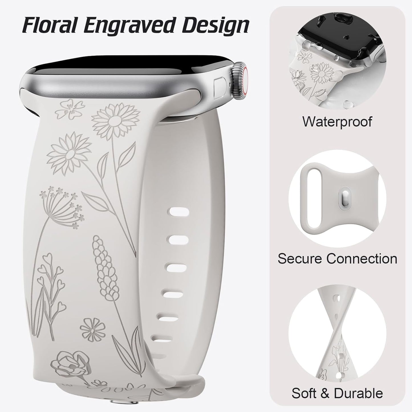 3 Pack Floral Engraved Bands Compatible with Apple Watch Band for Women 38Mm 40Mm 41Mm 42Mm 44Mm 45Mm 49Mm, Cute Flower Laser Pattern Soft Silicone Strap for Iwatch Series Ultra SE 9 8 7 6 5 4 3 2 1