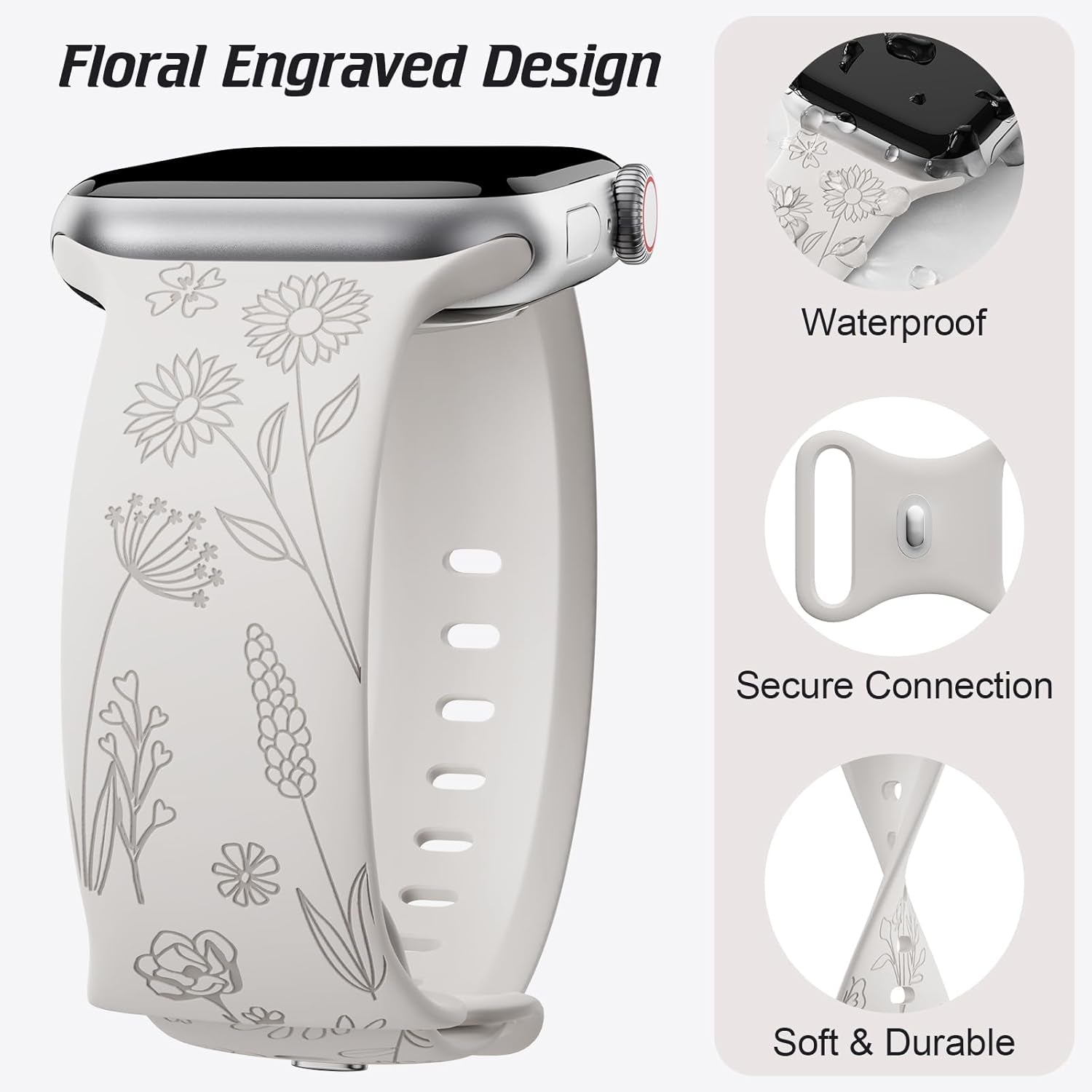 3 Pack Floral Engraved Bands Compatible with Apple Watch Band for Women 38Mm 40Mm 41Mm 42Mm 44Mm 45Mm 49Mm, Cute Flower Laser Pattern Soft Silicone Strap for Iwatch Series Ultra SE 9 8 7 6 5 4 3 2 1