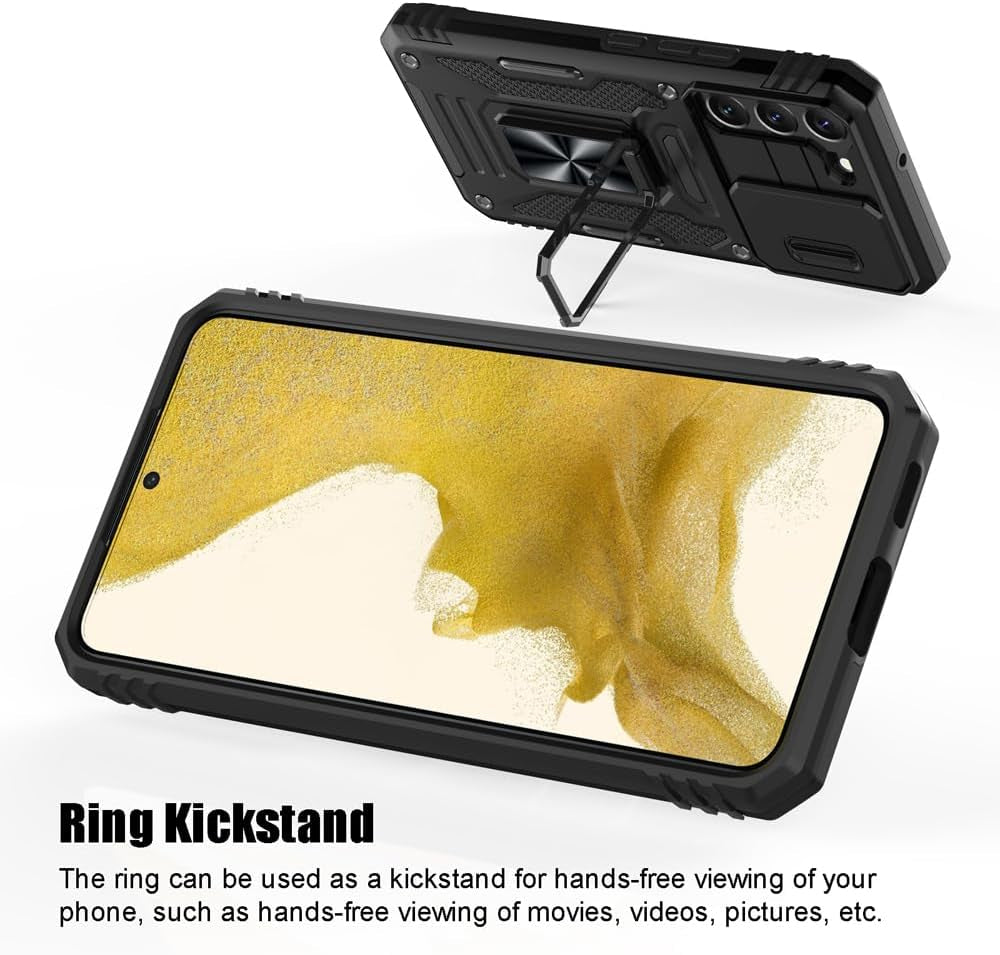 For Samsung Galaxy S22 Case, Shockproof Phone Case & Sliding Camera Cover & Ring Holder Kickstand with Screen Protector for Samsung Galaxy S22 5G (6.1", 2022) [Black]