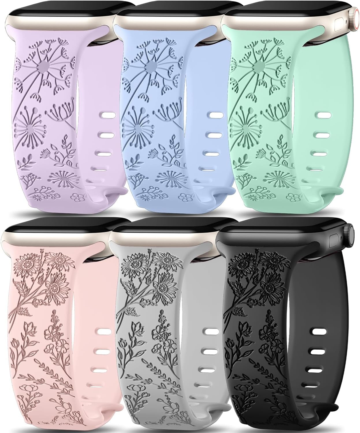 6 Pack Flower Engraved Bands Compatible for Apple Watch Band 40Mm 41Mm 38Mm 42Mm 44Mm 45Mm 49Mm Women,Soft Silicone Cute Wildflowers Sport Laser Strap for Iwatch Bands Series 9 Ultra SE 8 6 5 4 3 2 1
