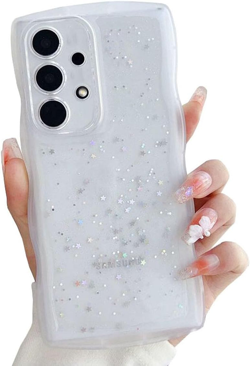 Compatible with Galaxy A53 5G Case for Women Girls Glitter Sparkly Bling Camera Lens Protector Cute Curly Wave Frame Shockproof Protective Cover Phone Case for Samsung Galaxy A53 5G(BLUE)