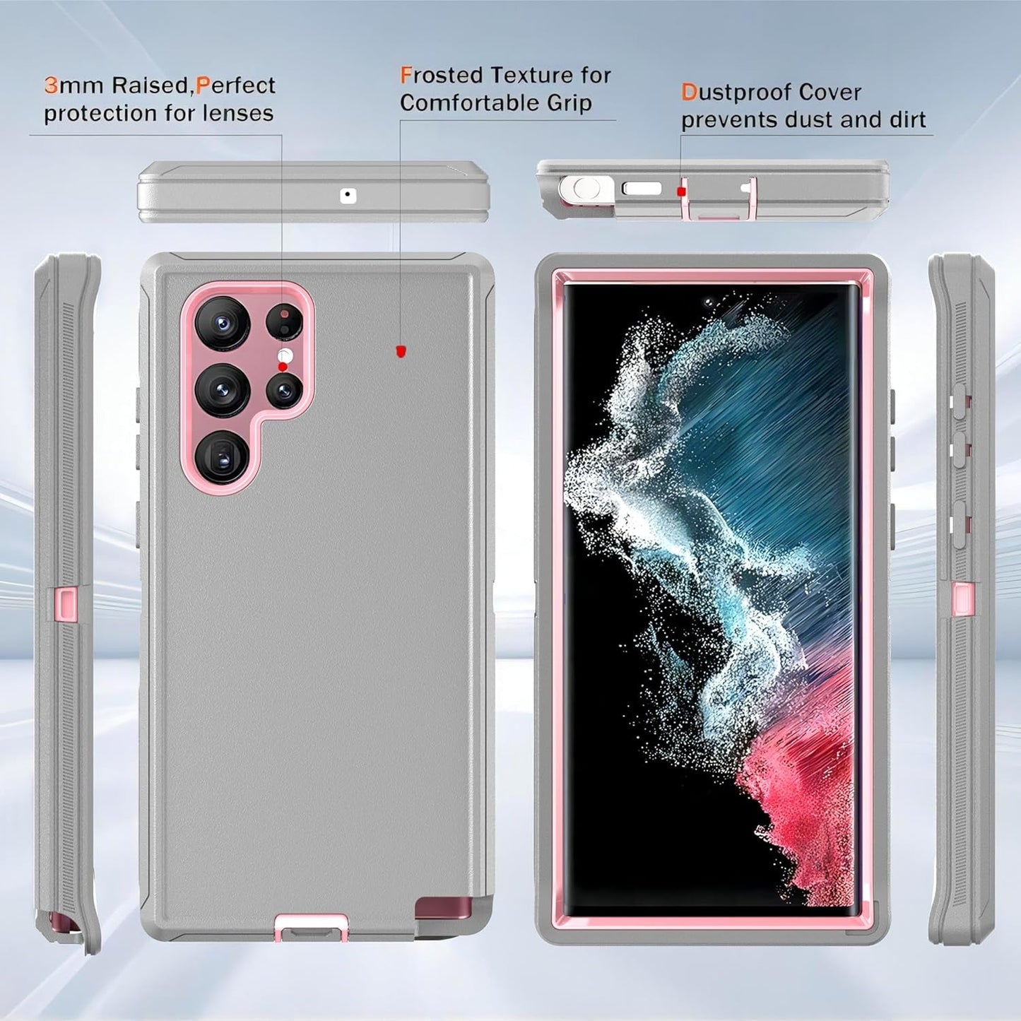 For Galaxy S22 Ultra Case with Soft TPU Film Screen Protector[2 Pack],3 in 1 Shockproof TPU Hard PC Bumper Drop-Proof Shell for Samsung Galaxy S22 Ultra Lihgt Gray/Pink