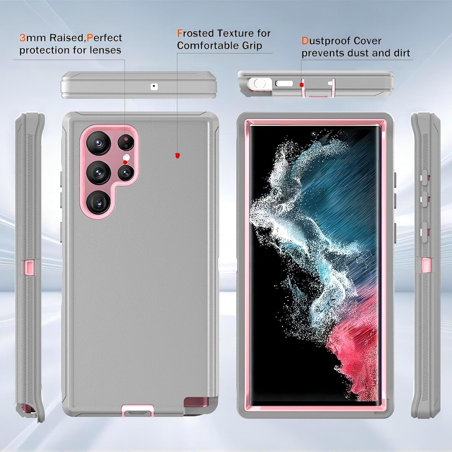 For Galaxy S22 Ultra Case with Soft TPU Film Screen Protector[2 Pack],3 in 1 Shockproof TPU Hard PC Bumper Drop-Proof Shell for Samsung Galaxy S22 Ultra Lihgt Gray/Pink