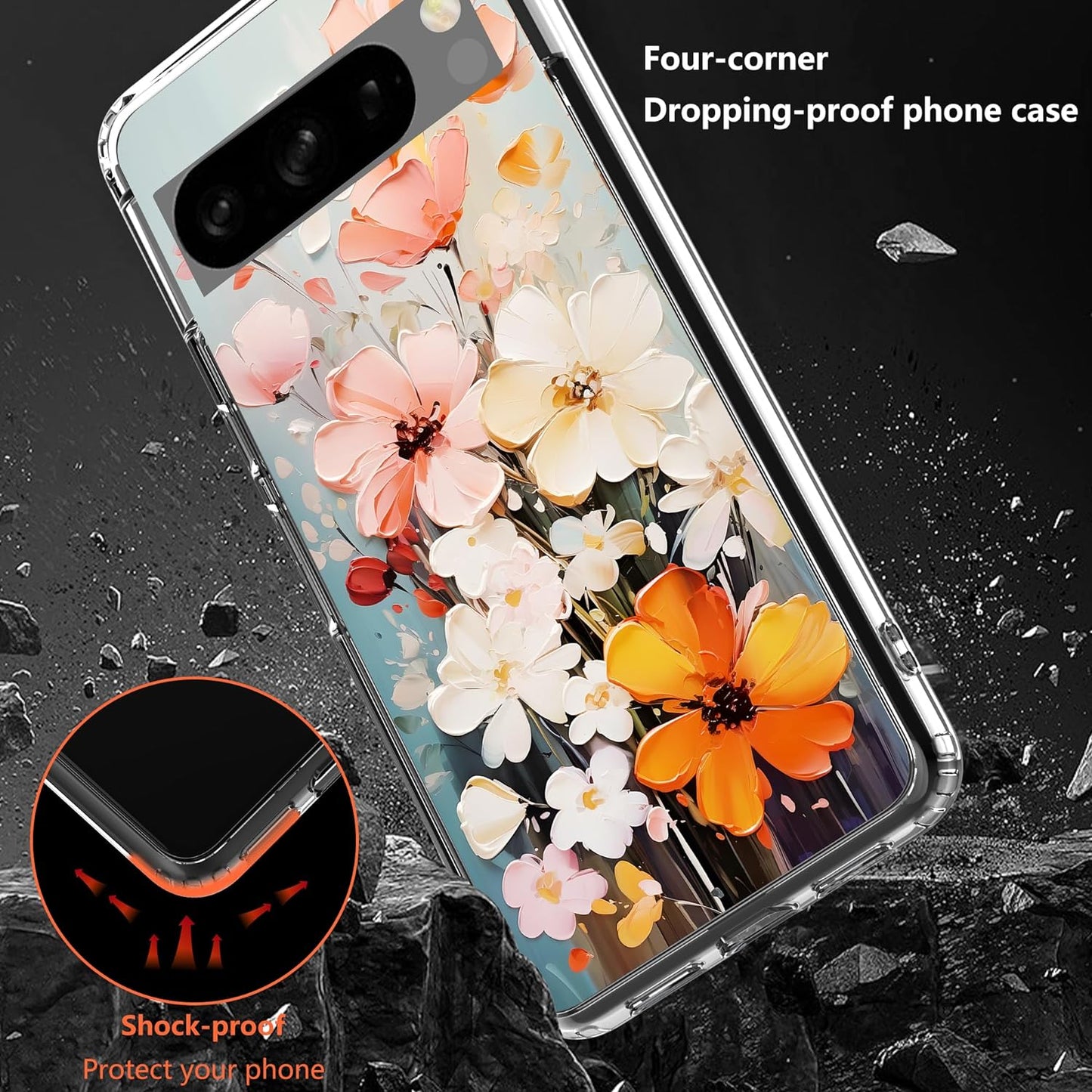 For Google Pixel 8 Clear Case with 3D Flower Printing Design, TPU+PC Slim Shock-Proof Protective Floral Cover for Women Girls, 6.2“ (Pic 5)  YIKECASE   