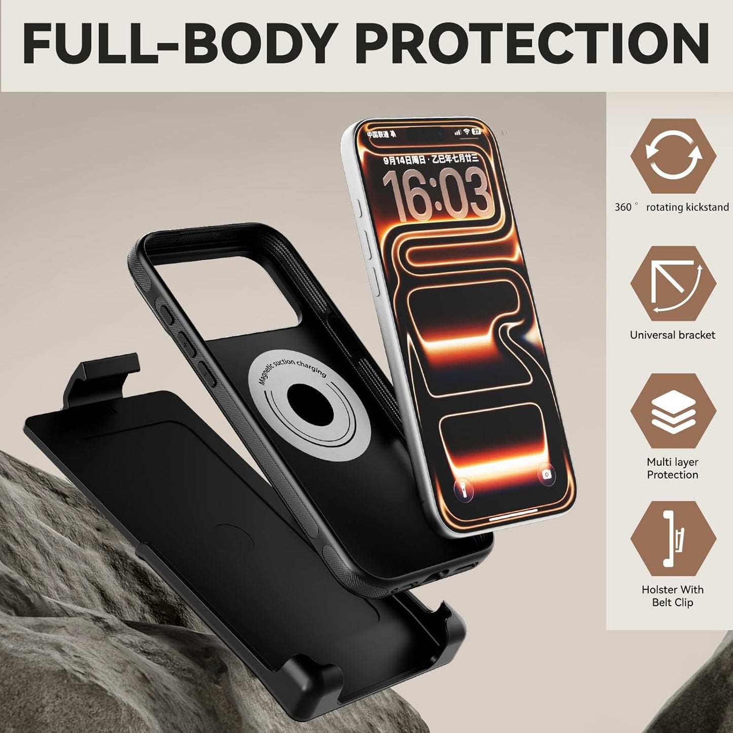 For Iphone 17 Pro Max Case with Belt Clip Holster, Carbon Fiber Design for 17 Pro Max Case[Compatible with Magsafe],Anti-Drop,With 360°Rotating Kickstand(For Iphone17Promax Regular Holster)