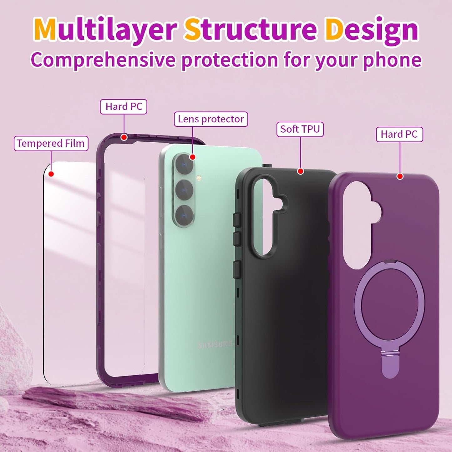 ACKETBOX Magnetic Designed for Samsung Galaxy S23 FE Case,With Screen+Camera Lens Protector+Kickstand,Case for Galaxy S23 FE 5G 6.4"（Deep Purple）