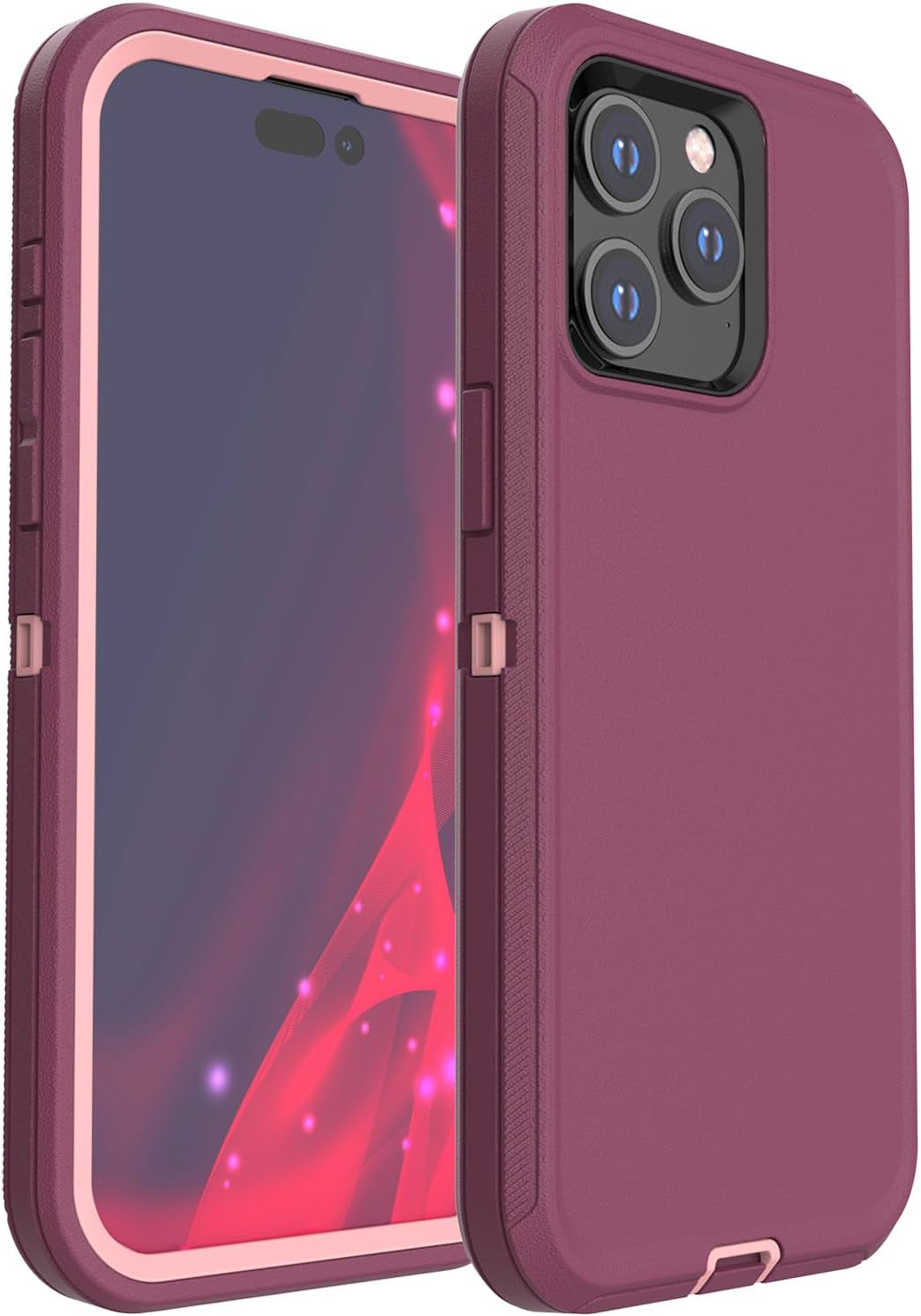 Pdxox Heavy Duty Case for Iphone 15 Pro Max,3-Layer Military Protection Drop Protective Shockproof Full Body Protection Wireless Charging Tough Case for Iphone 15 Pro Max (Black)  pdxox Dark Purple/Light Pink  