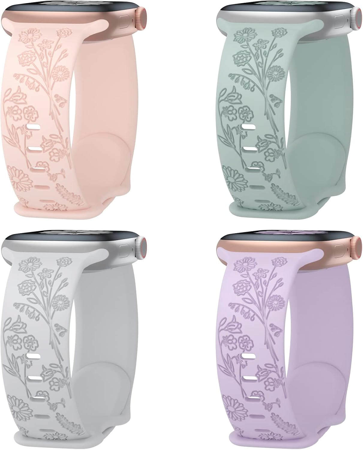 4 Pack Flower Engraved Silicone Band Compatible with Apple Watch Band 38Mm 40Mm 41Mm 42Mm 44Mm 45Mm 49Mm, Women Soft Floral Strap Sport Wristbands for Iwatch Series 9/8/7/6/5/4/3/2/1/Se/Ultra
