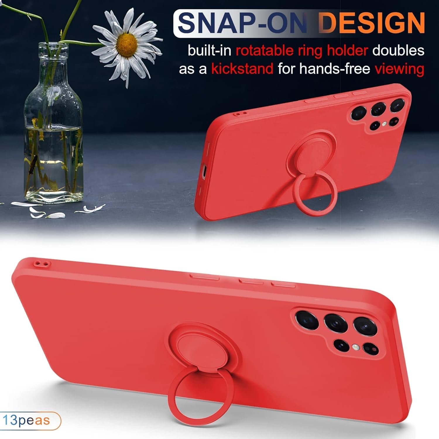 Case Compatible with Samsung Galaxy S22 Ultra（5G 2022 Released）, Silicone with Ring 360°Rotatable Kickstand Case Support Magnetic Car Mount，Protective Cover with Strap (Red)