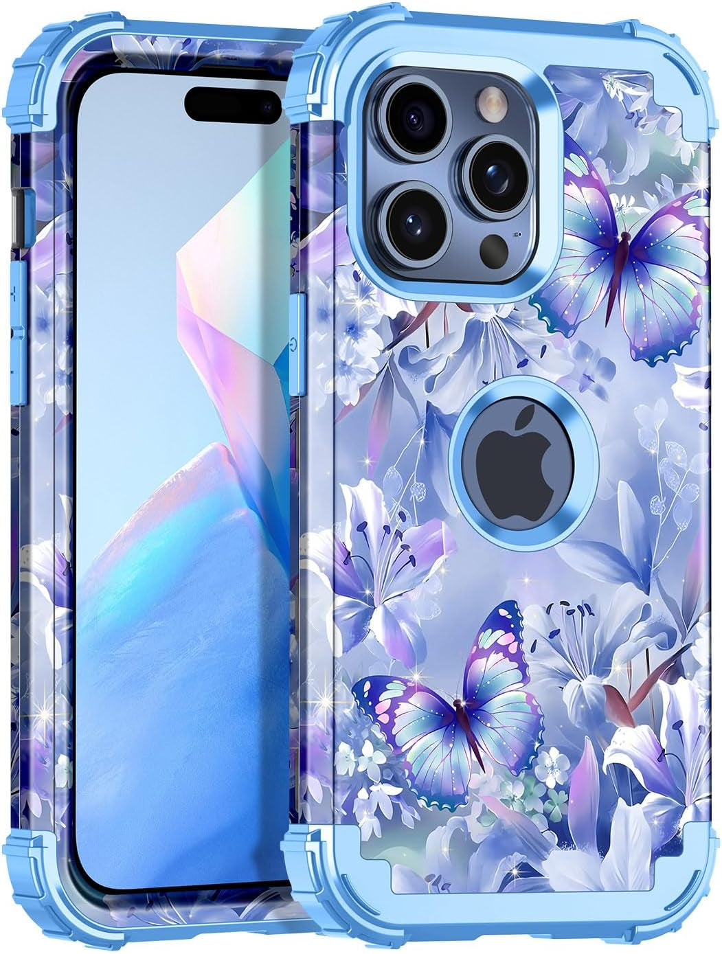 Casetego for Iphone 15 Pro Max Case,Two Layer Heavy Duty Sturdy Shockproof Full Body Rugged Hard Pc+Soft TPU Bumper Protective Girls Cover Case for Apple Iphone 15 Pro Max 6.7 Inch,Black  Casetego Blue Butterfly  