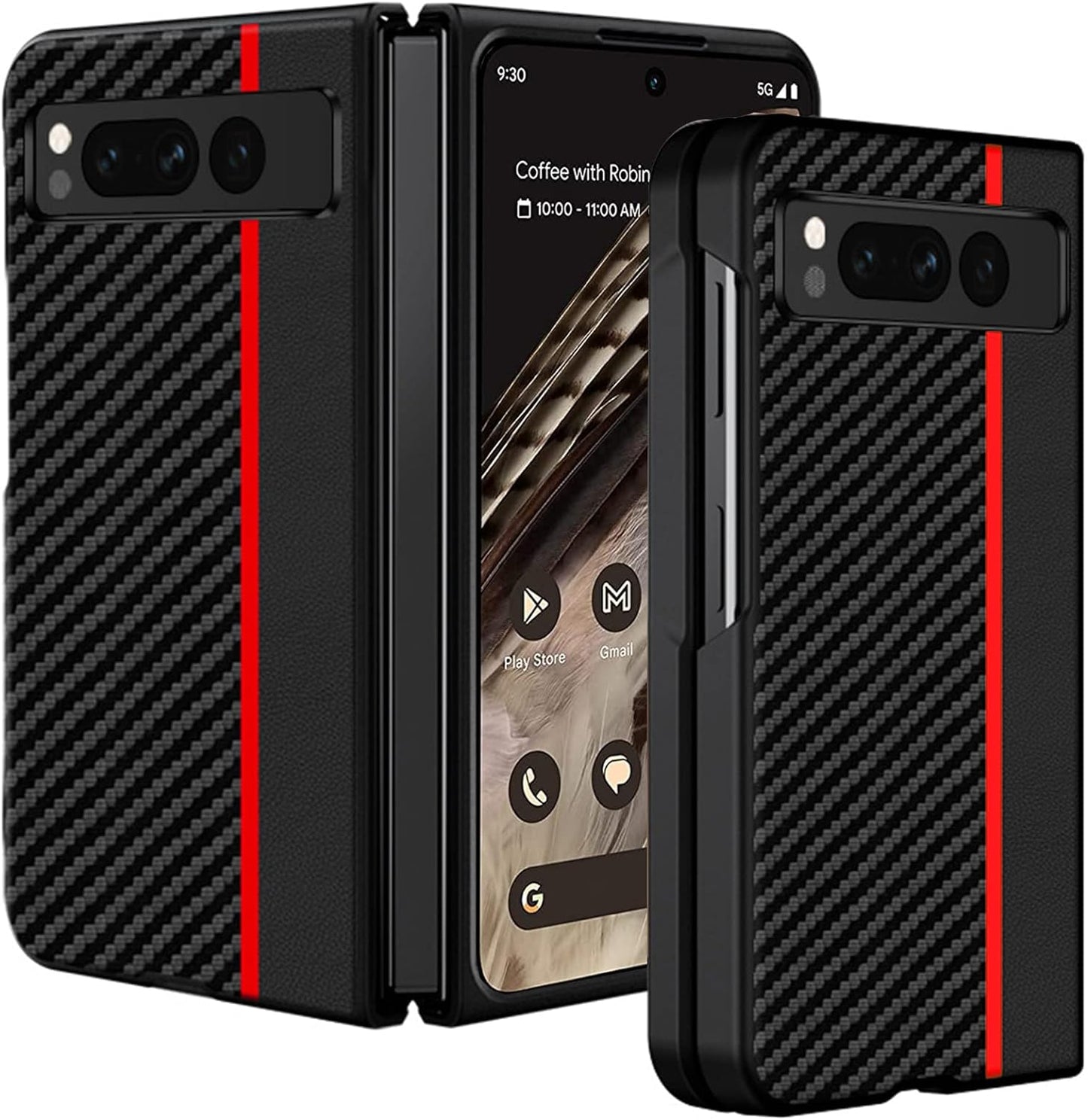 Miimall Compatible for Google Pixel Fold Case, PC + PU Carbon Fiber Pattern [Ultra-Thin Lightweight] [Anti-Fingerprint Heat Dissipation] Anti-Scratch Protector Bumper Case for Pixel Fold, 5G(Black)  Miimall Black-Red  