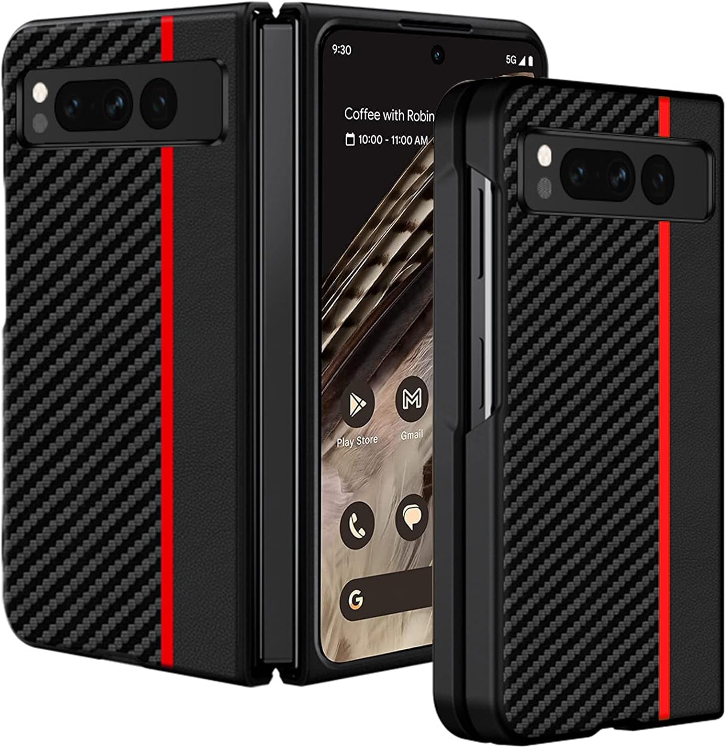 Miimall Compatible for Google Pixel Fold Case, PC + PU Carbon Fiber Pattern [Ultra-Thin Lightweight] [Anti-Fingerprint Heat Dissipation] Anti-Scratch Protector Bumper Case for Pixel Fold, 5G(Black)  Miimall Black-Red  