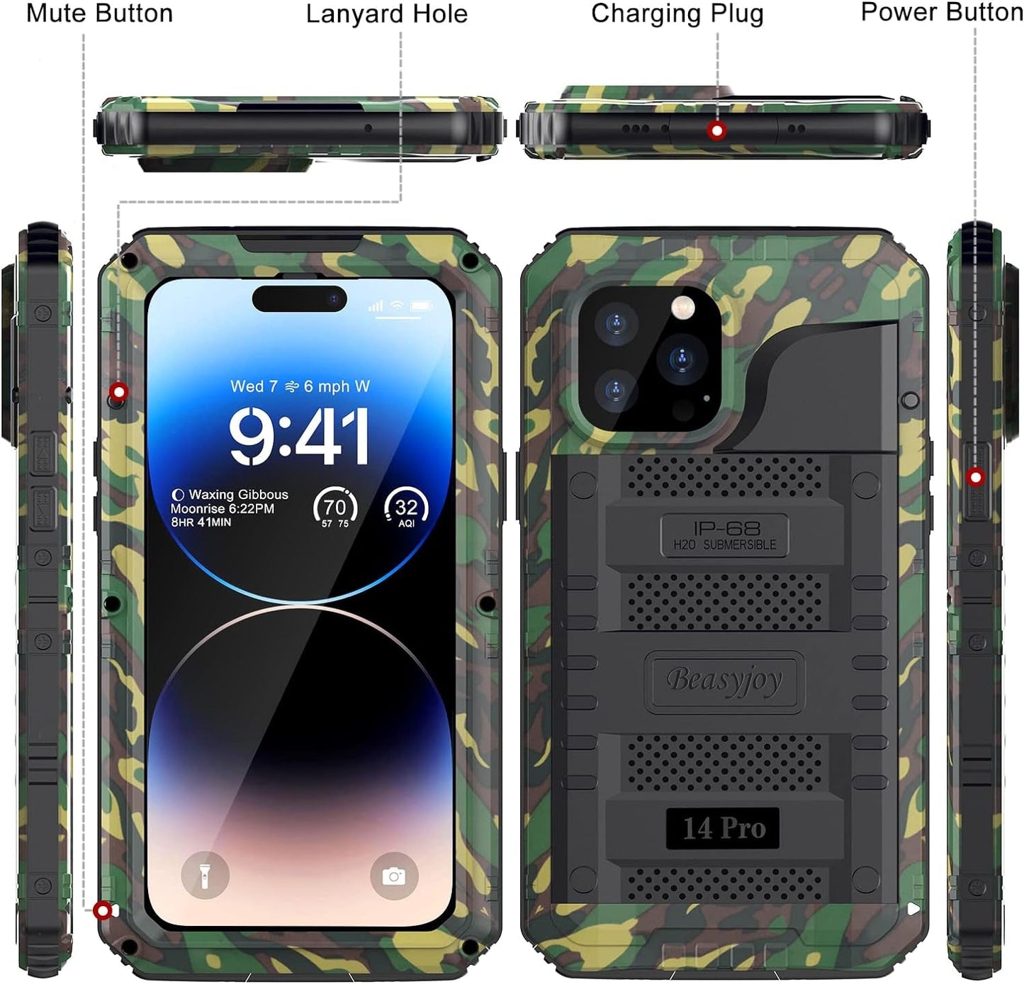 Beasyjoy Waterproof Case for Iphone 14 Pro, Metal Full Body Sealed Phone Case with Built-In Screen Protector, Military Grade Heavy Duty Defender Armor Shockproof Rugged Case 6.1 Inch, Camo  Beasyjoy   