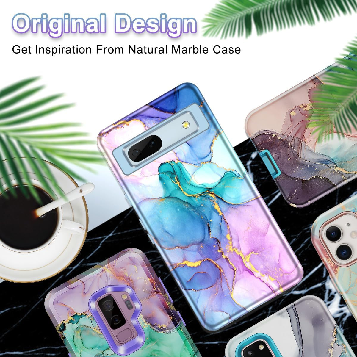 Btscase for Google Pixel 7A Case, [5 in 1] with 2 Pack Screen Protector + 2 Pack Camera Lens Protector, Marble Pattern Full Body Three Layer Rugged Shockproof Protective Cover (2023), Blue Pink  Btscase   