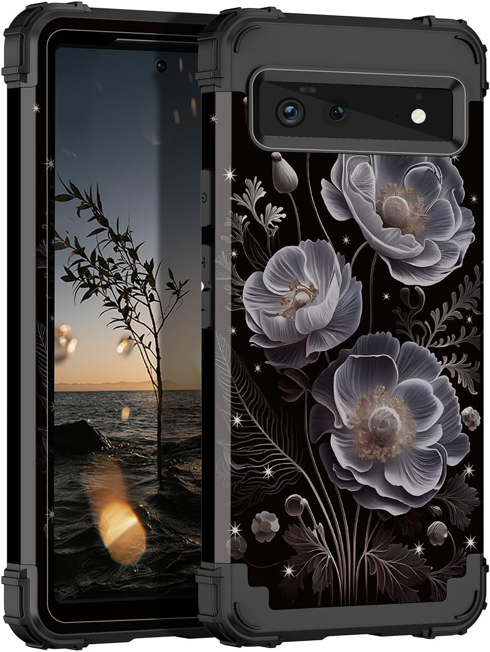 Hekodonk for Google Pixel 6 Case,Heavy Duty Shockproof Protection Hard Plastic+Silicone Rubber Hybrid 3 in 1 Drop Protective Case for Google Pixel 6 Black Flower  Hekodonk A-White Flower  