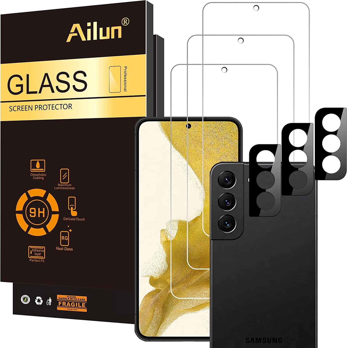 Ailun Glass Screen Protector for Galaxy S24 3 Pack + 3 Pack Camera Lens Tempered Glass Fingerprint Unlock Compatible 0.25Mm Anti-Scratch Case Friendly Clear - HD